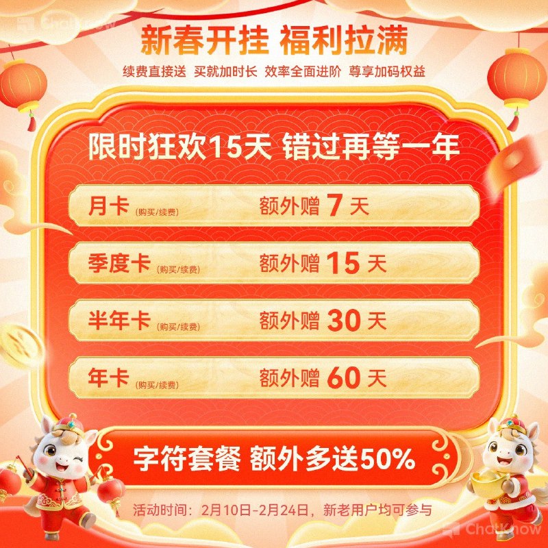 恭贺马年新春ChatKnow特别推出马年新春福利🎉🎉🎉🥇专业套餐+标准套餐🥁 月卡 →       加送 7 天🥁 季卡 →       加送 15 天🥁 半年卡 →    加送 30 天🥁 年卡 →       加送 60 天🥈字符套餐购买任意数量字符包即赠对应套餐  50% 额外字符🎊🎊🎊限时狂欢15天 走过路过不要错过😘衷心感谢每一位理解支持我们的朋友❤️❤️❤️ 活动限时进行中... 抓紧抢购啦 